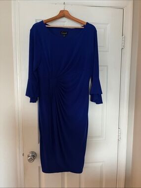 connected apparel Cobalt Blue Ruched Midi Dress with Fluted Sleeves